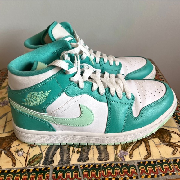 Nike Air Jordan 1 Mid Teal and White Sneakers - Picture 9 of 16